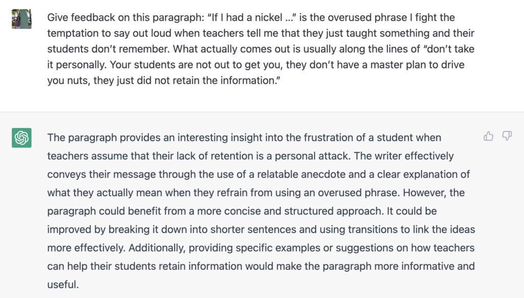 ChatGPT can give peer editing feedback